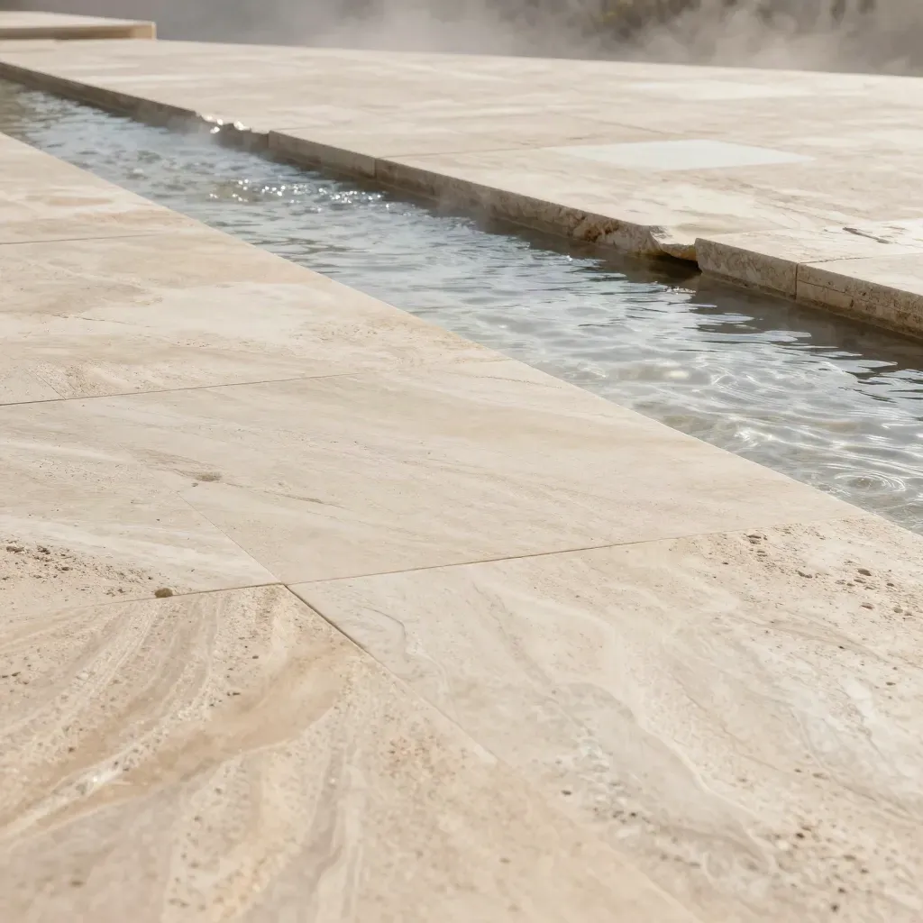 Cream travertine terrace with a water rill and silver light, calm copy space below.