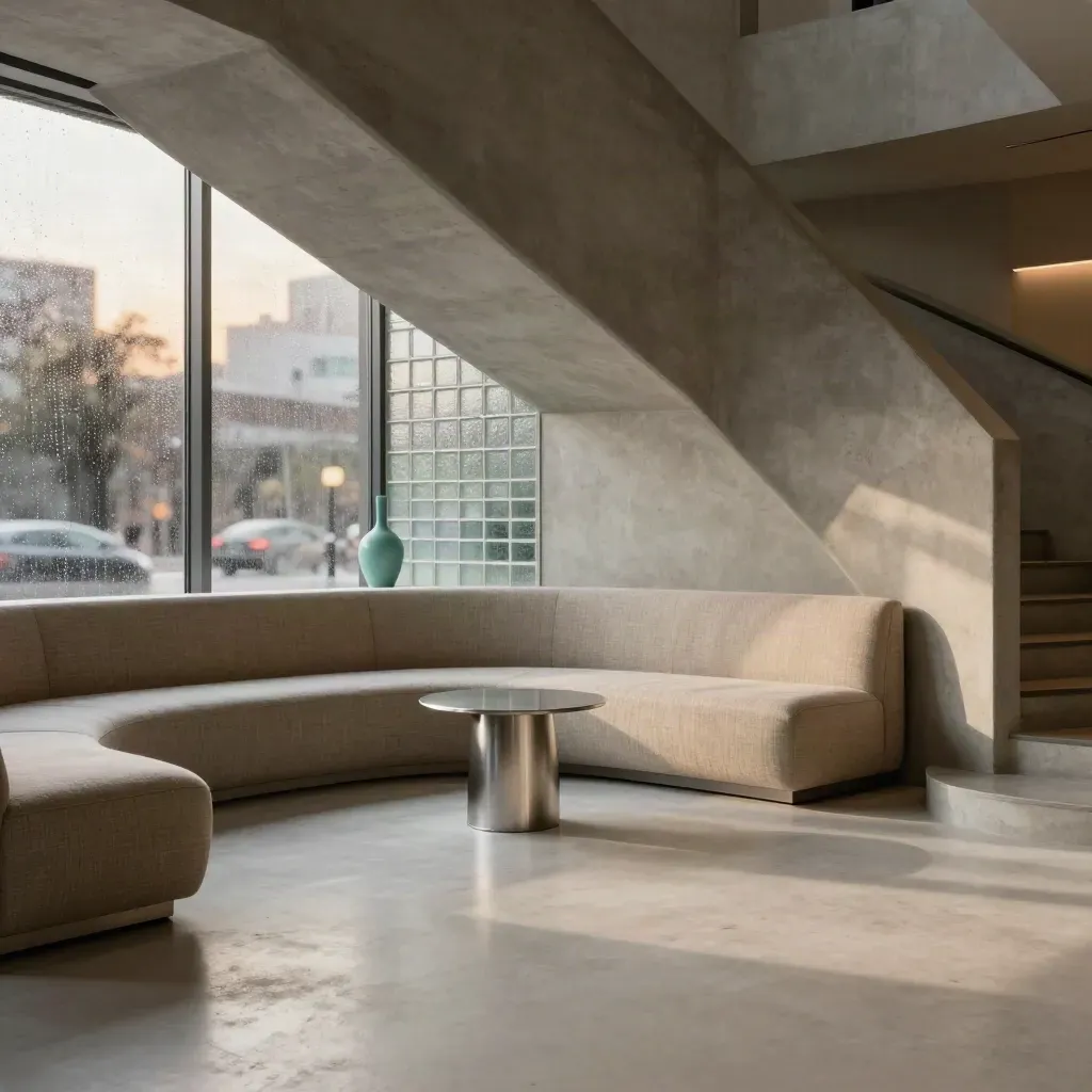 Curved concrete stair above linen seating, rain-soft city glow, and calm copy space below.