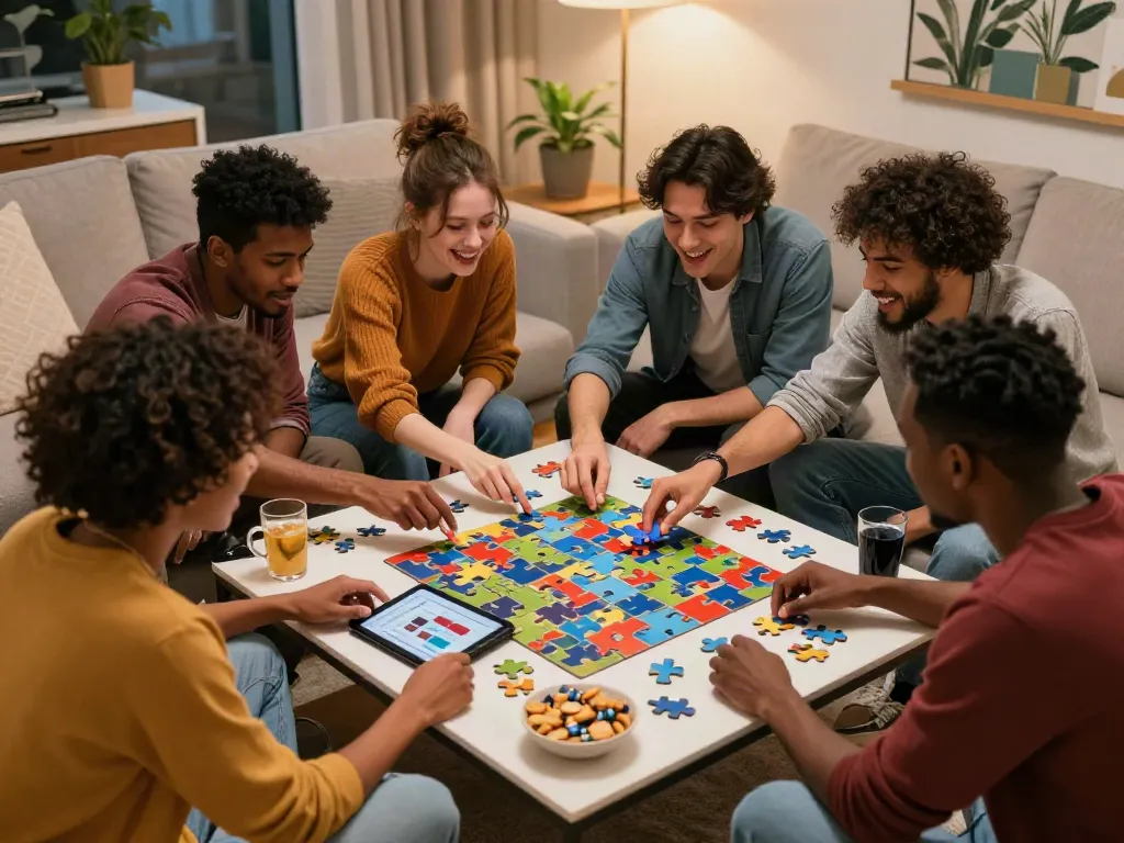 Friends enjoying puzzlegrid.net game night on a tablet, engaging atmosphere.