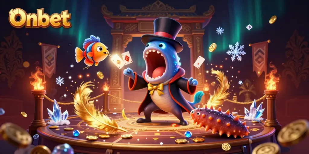 Onbet magic scene with a gulper eel performing card tricks and an anglerfish spotlighting in a vibrant casino setting.
