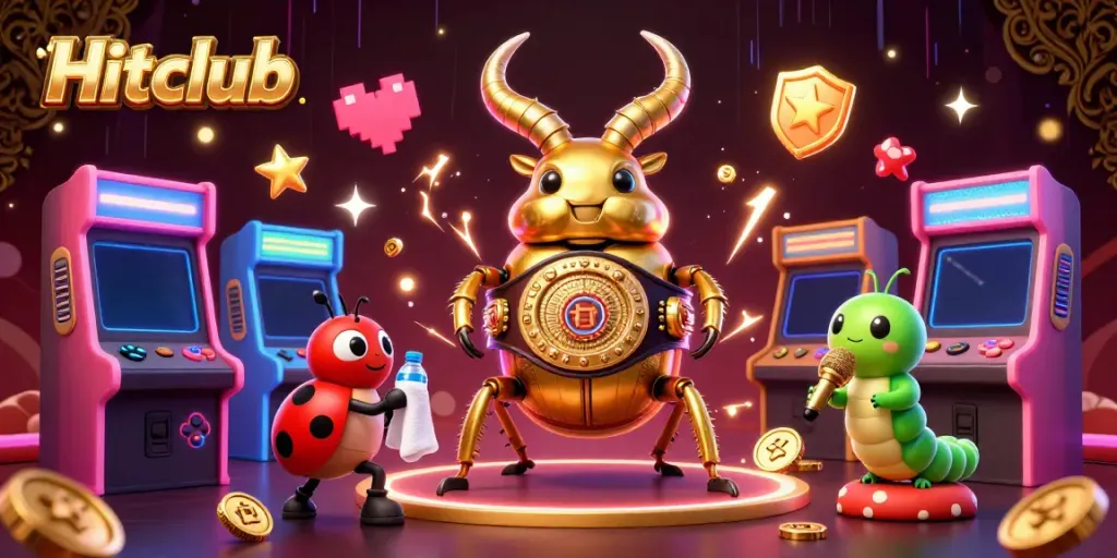 Hitclub offers thrilling gaming adventures with a vibrant 3D illustration of a golden stag beetle champion.