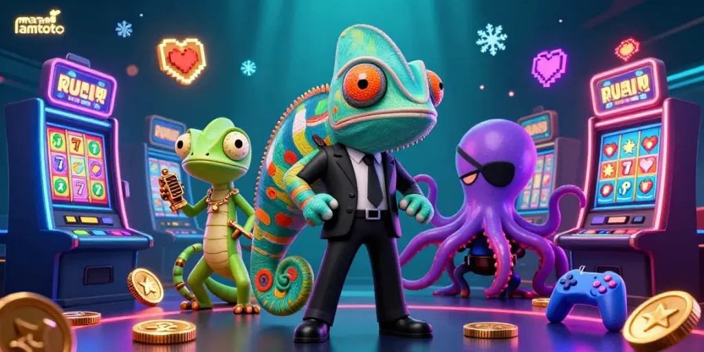 Mataramtoto showcases a thrilling casino scene with vibrant slot machines, colorful characters, and dynamic gaming elements.