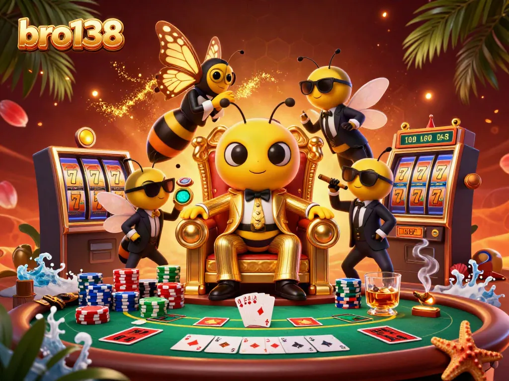 Experience the excitement of bro138 with a lively scene of a cartoon mob boss and his entourage among vibrant gambling elements.