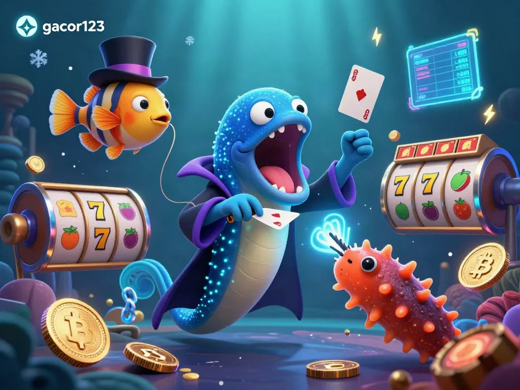Engage with gacor123's vibrant casino scene featuring unique deep-sea characters performing magic tricks.