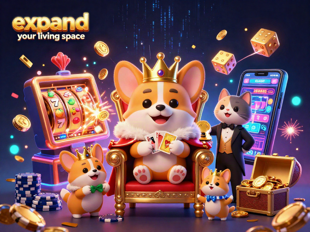 Join the excitement to expand your living space with a royal corgi on its poker chip throne in a vibrant casino scene.