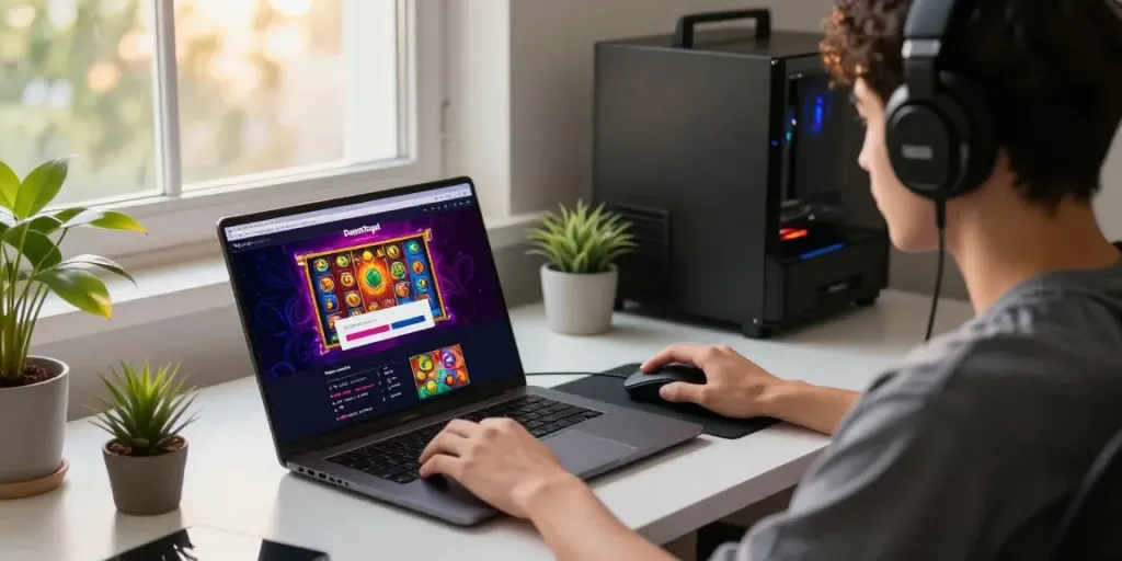 Engaging online gaming experience on DewaTogel site showcasing vibrant graphics and a focused young adult user.