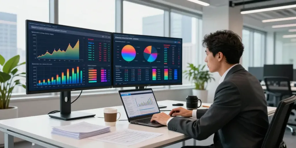 Financial analyst reviewing data on the largest US banks by assets in a modern office.