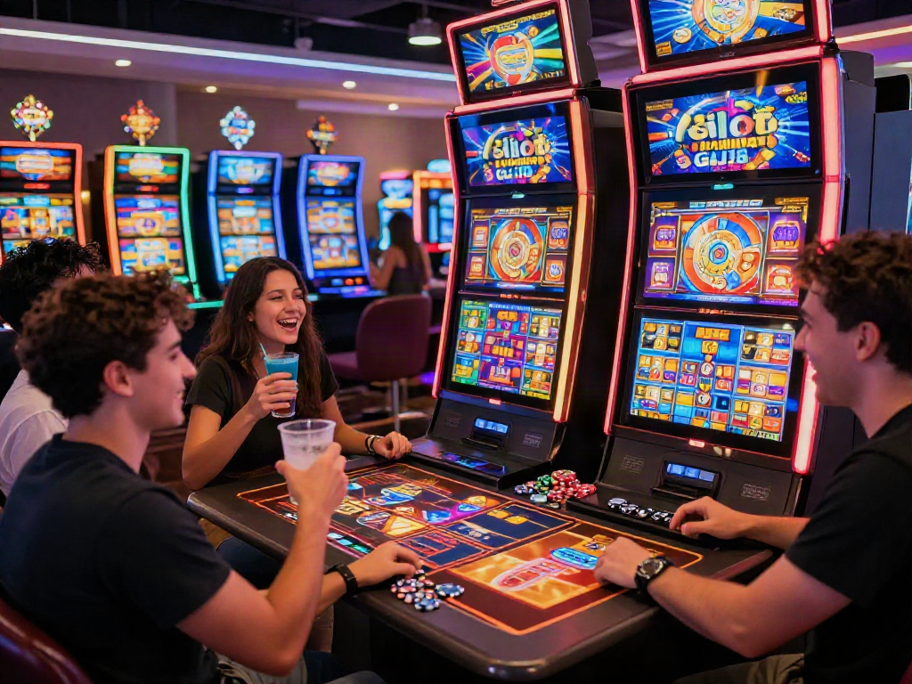 Players enjoying Slot Gacor MAHJONGJP88 in a vibrant casino atmosphere with drinks and excitement.