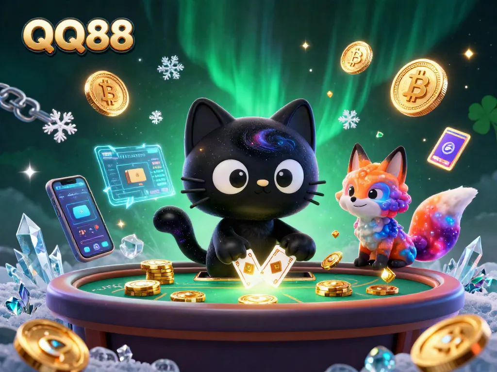 Transform your gaming with QQ88: a cosmic cat and fox in a vibrant casino