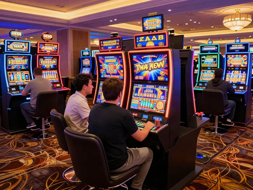 Exciting scene of diverse players enjoying สล็อต slot machines in a vibrant casino atmosphere.