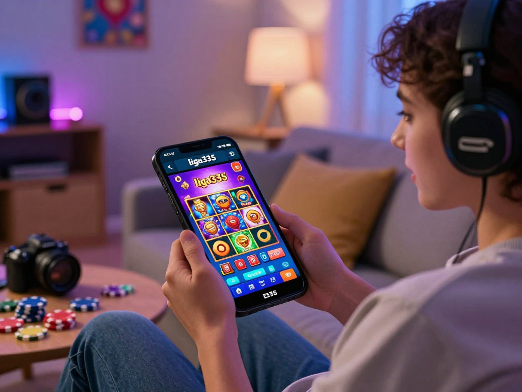 Pengguna liga335 bermain slot digital di ponsel dengan suasana nyaman.