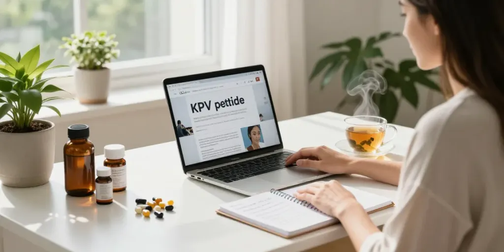 KPV peptide wellness blog setup in home office with health supplements.