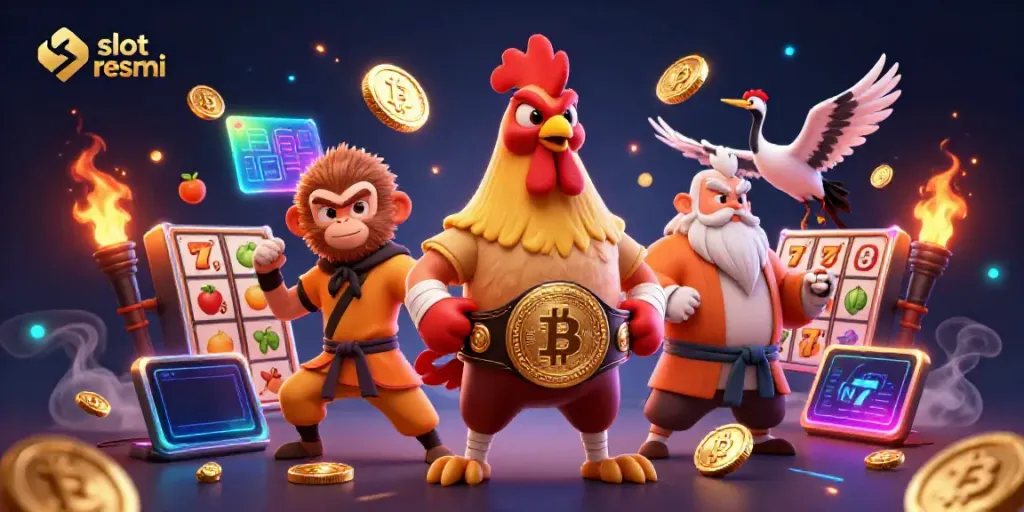 Engage with slot resmi through a dynamic scene of a Muay Thai rooster and casino-themed elements.