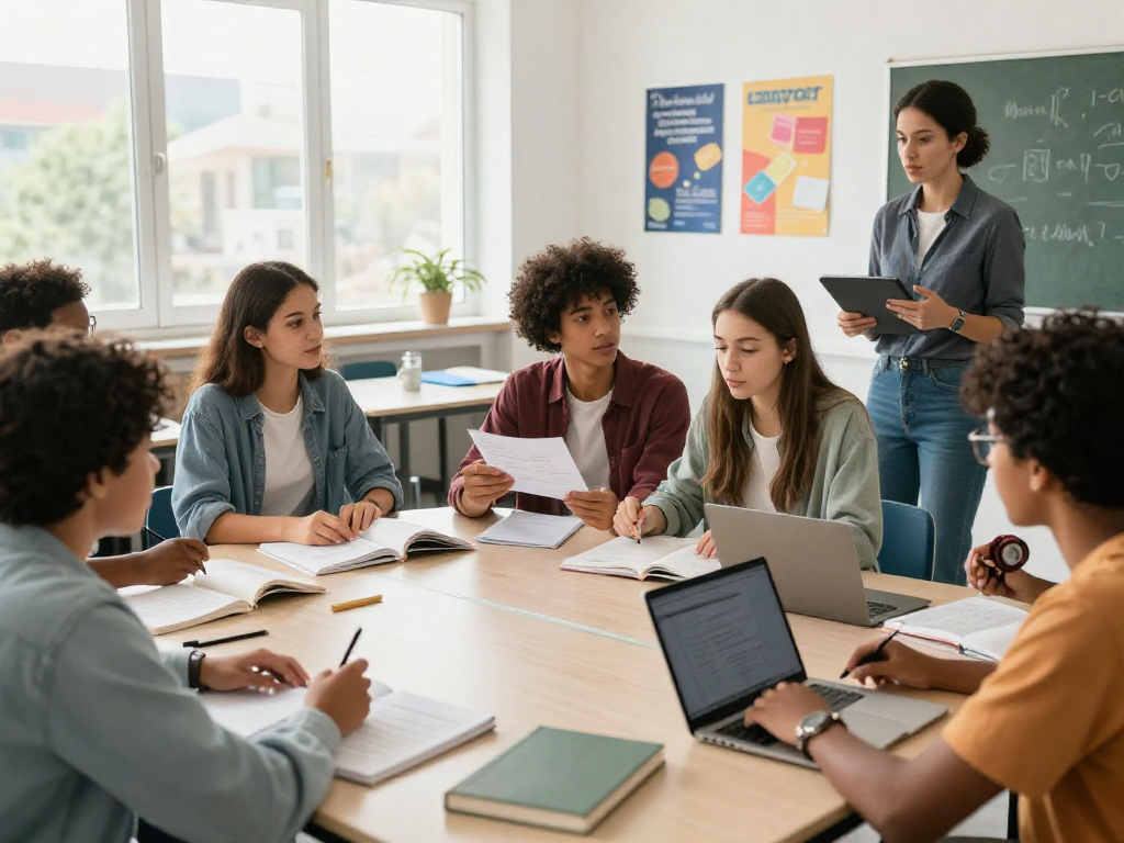 Students attending tuition classes near me in a vibrant classroom, collaborating and learning together with books and technology.