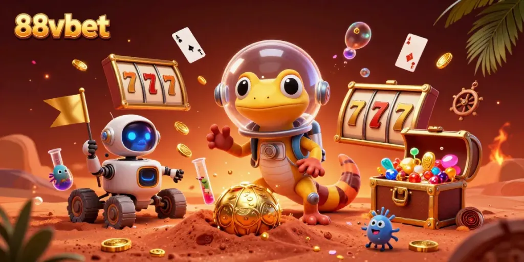 Experience the 88vbet golden casino adventure with a gecko and robot in a vibrant Martian scene.
