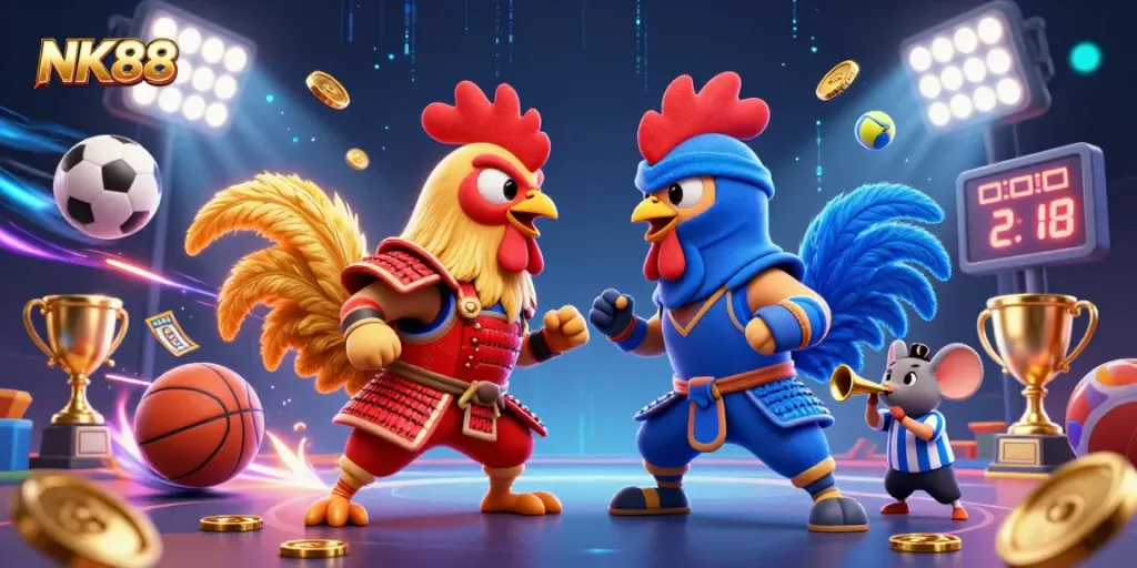 Engage in gaming excitement with NK88's dynamic casino scene featuring battling roosters and vibrant elements.