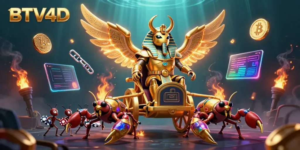 Menangkan permainan BTV4D dengan ilustrasi kartun 3D menakjubkan dari kumbang scarab emas raksasa dan elemen kasino lainnya