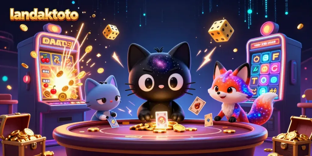 Permainan seru di landaktoto dengan kucing hitam 3D dan rubah nebula, penuh dengan simbol slot.