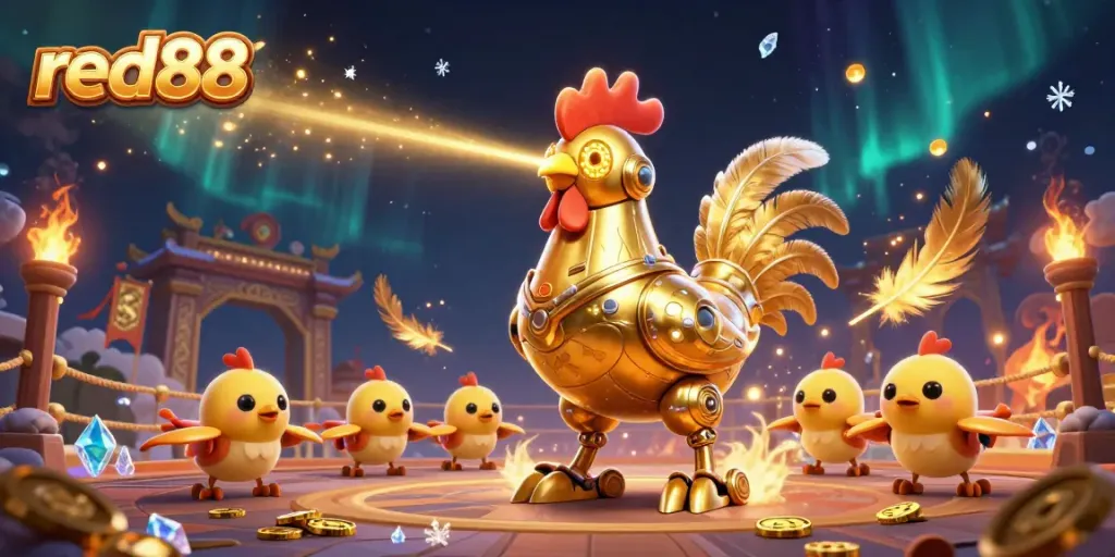 Engage in thrilling gameplay with the red88 golden rooster robot, captured in vibrant 3D detail.