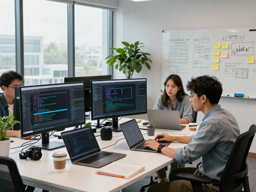 Team collaborating on AI Detector software development in a modern office.