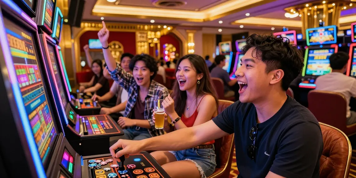 Teman-teman merayakan kemenangan di slot thailand, dengan suasana kasino yang meriah dan penuh warna.