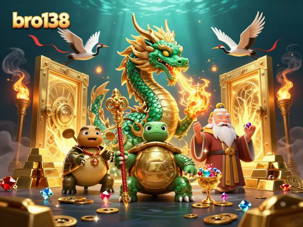 Experience exciting wins at bro138 with a jade dragon and treasures overflowing, symbolizing luck.