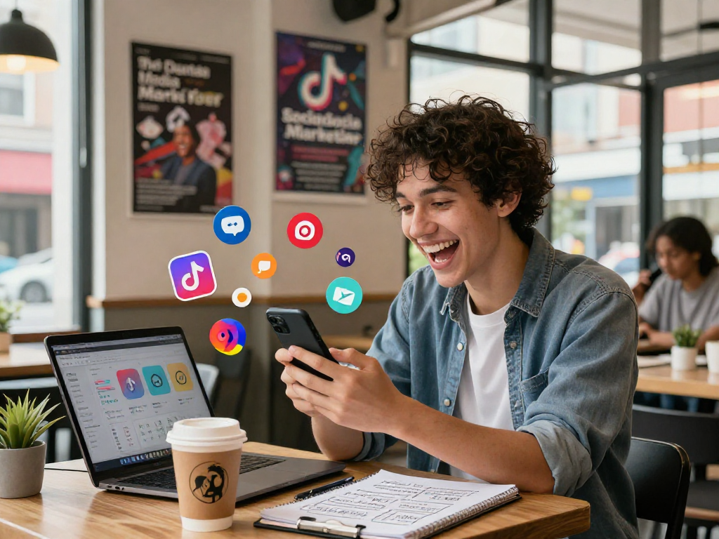 Where to buy TikTok followers: Young digital marketer strategizing in vibrant urban café with analytics dashboard