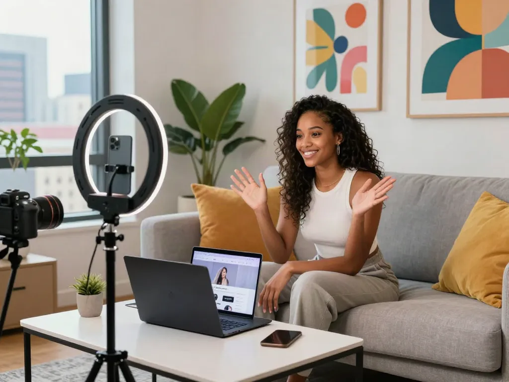 Engaging Roma Army OnlyFans influencer live streaming in a trendy urban apartment