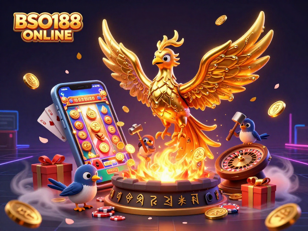 Engage in thrilling games with BSO188 ONLINE as a phoenix emerges with gold, showcasing slots and casino excitement.