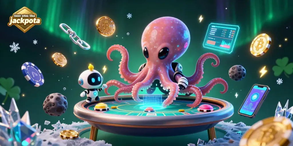 Engage in immersive gameplay with the best sites like jackpota, featuring an alien octopus at a futuristic poker table.