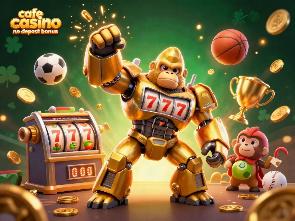 Cafe casino no deposit bonus with golden gorilla mech and slot elements in dynamic 3D gambling scene.