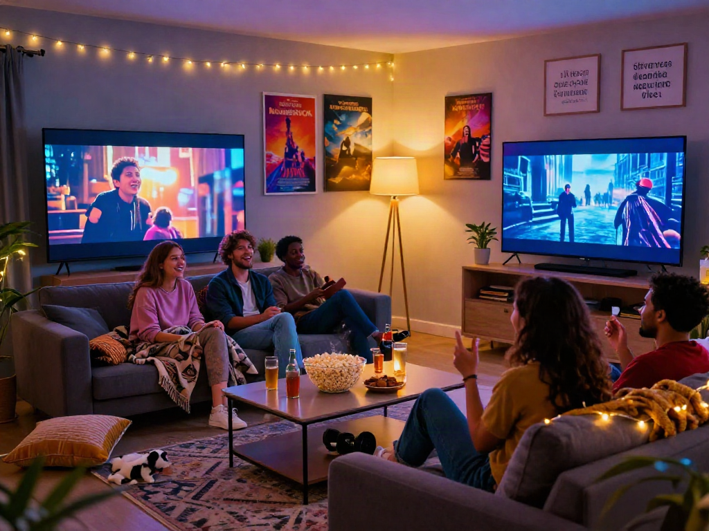 Friends enjoying a movie night with Moviebox in a cozy living room, popcorn and drinks enhancing the atmosphere.