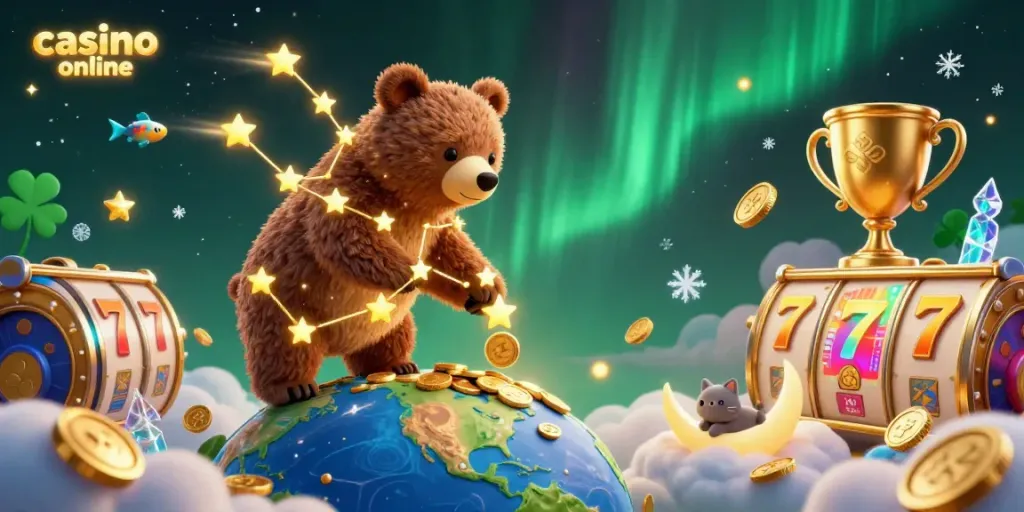 Engage with casino online fantasy as a constellation bear scoops coins, surrounded by vibrant slot elements.