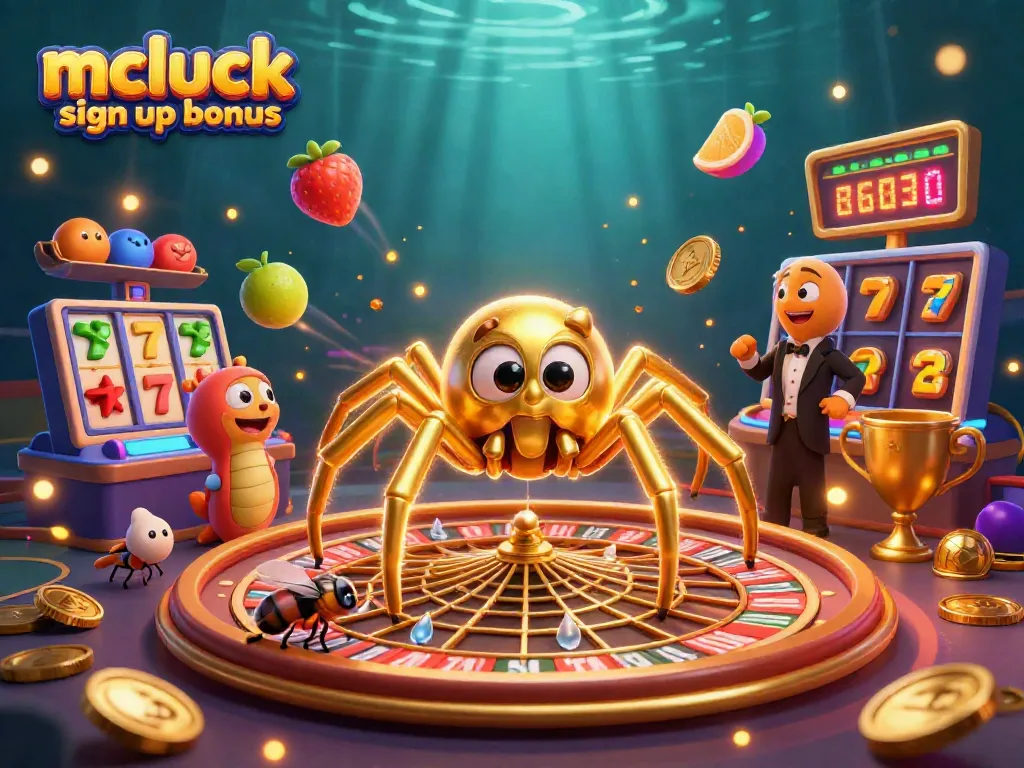 Engage with the mcluck sign up bonus featuring a golden roulette web and vibrant gaming elements.