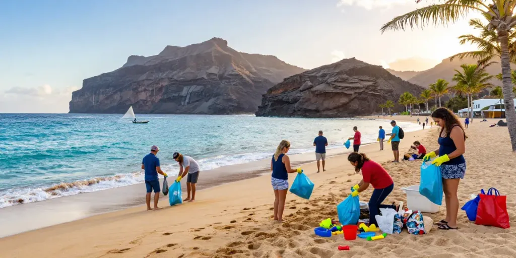 Canarian news highlights community beach cleanup activity in the Canary Islands with stunning coastal views.
