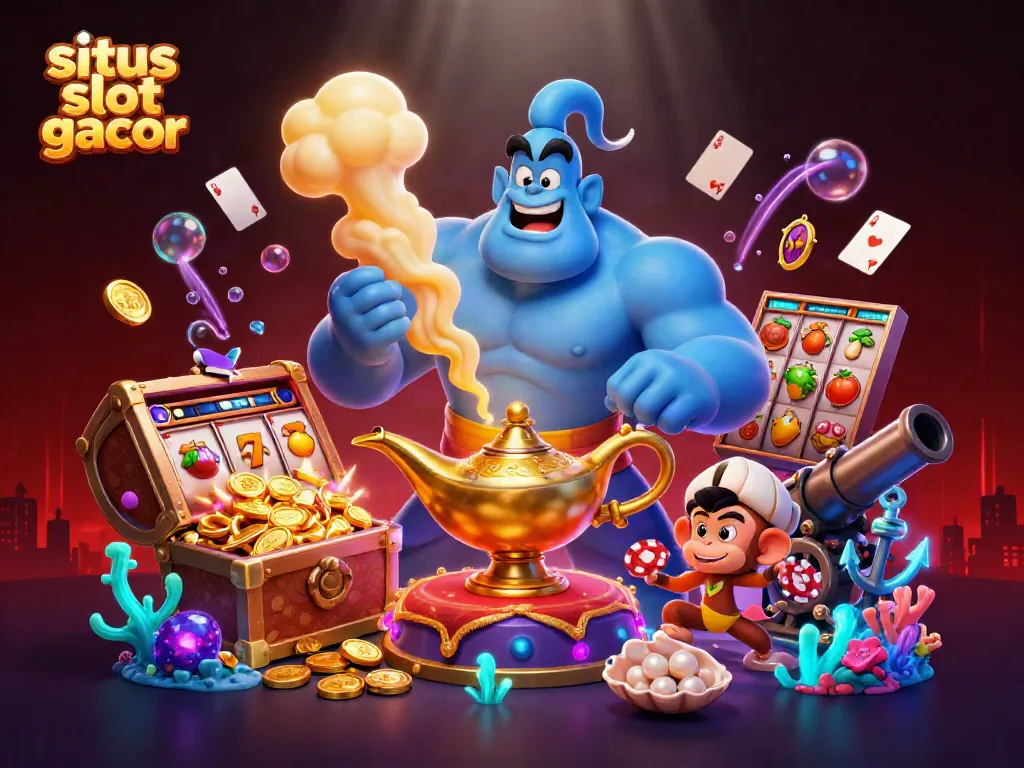 Gambarlah situs slot gacor yang memperlihatkan karakter genie bermusuh dengan keberuntungan di kasino.