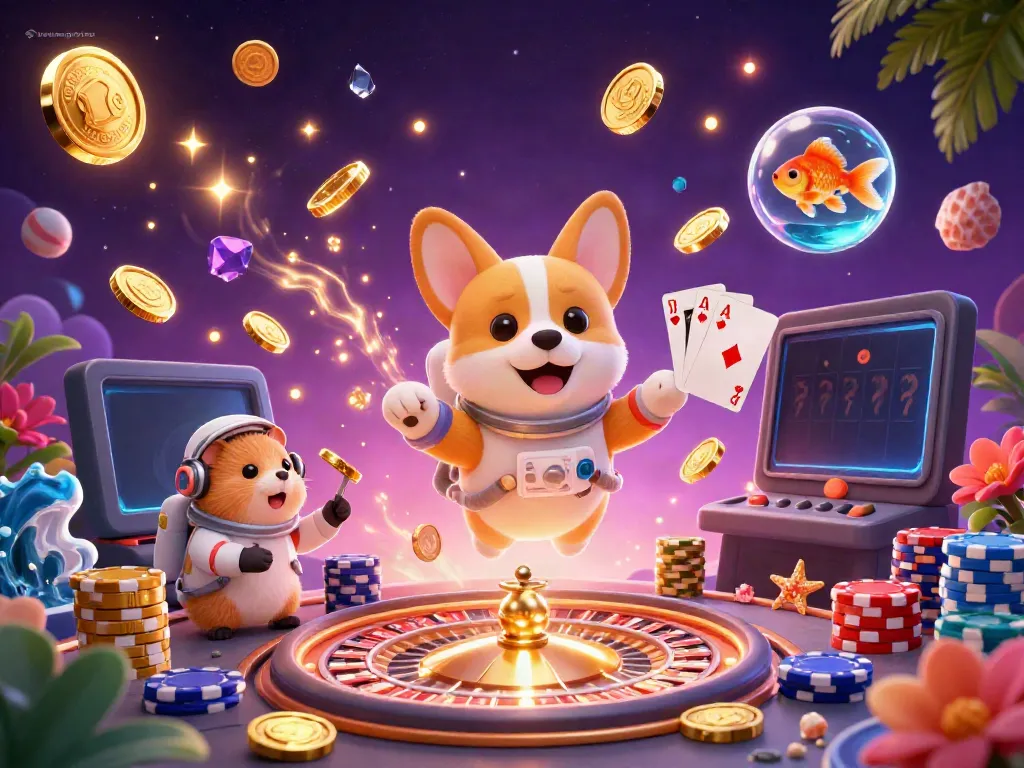 Experience gaming excitement at bujangtoto with vibrant 3D casino elements, including floating coins and cards.