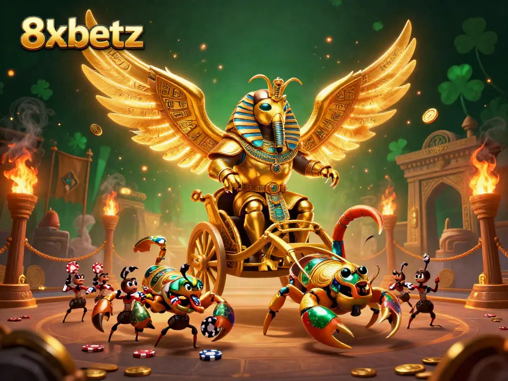 Engage with the thrilling atmosphere of 8xbetz featuring a golden phoenix chariot amidst a vibrant casino theme.