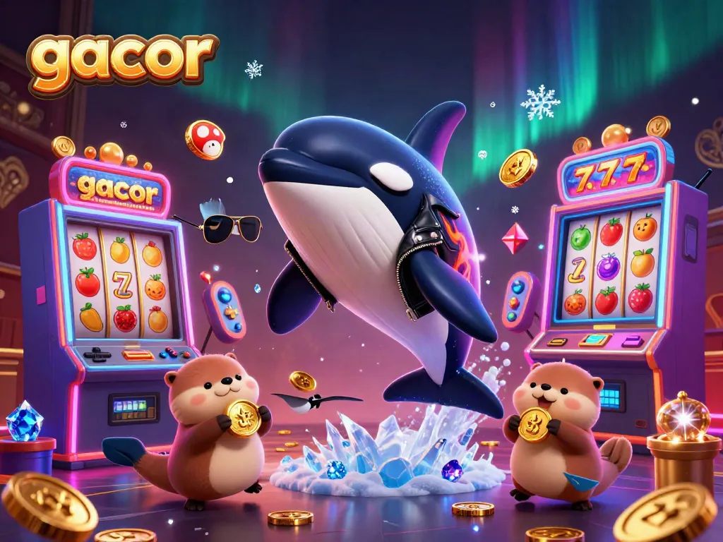 Experience gacor slots with a 3D whale, stingray, and otters enjoying coins in a vibrant casino setting.