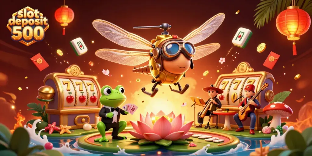 Experience thrilling gameplay with slot deposit 500 illustrated in a vibrant casino scene featuring dynamic characters.