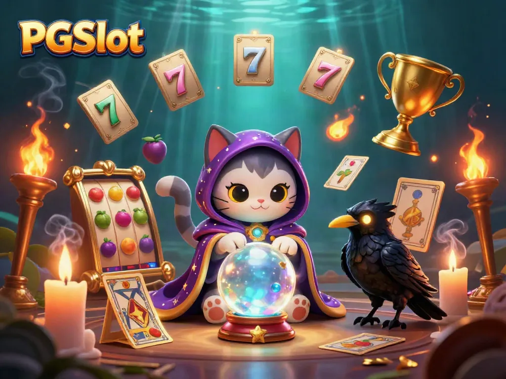 Experience the thrill of PGSlot gaming with a mystic cat and a tarot-card raven in a vibrant 3D scene.