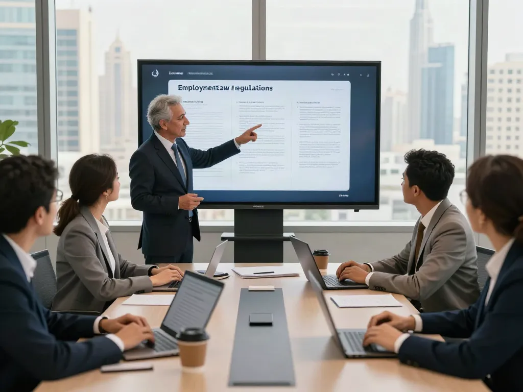 Employment Law Services in Dubai discussed by diverse legal team in modern office.