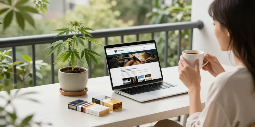 Woman enjoying morning coffee on a balcony dedicated to browsing wholesale cigarette online, surrounded by fresh hemp and premium tobacco.