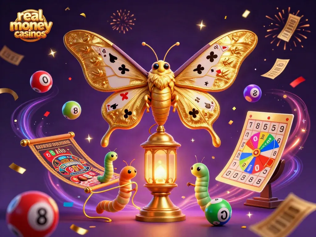 Experience thrilling real money casinos with a vibrant scene featuring a majestic moth and dynamic casino elements.