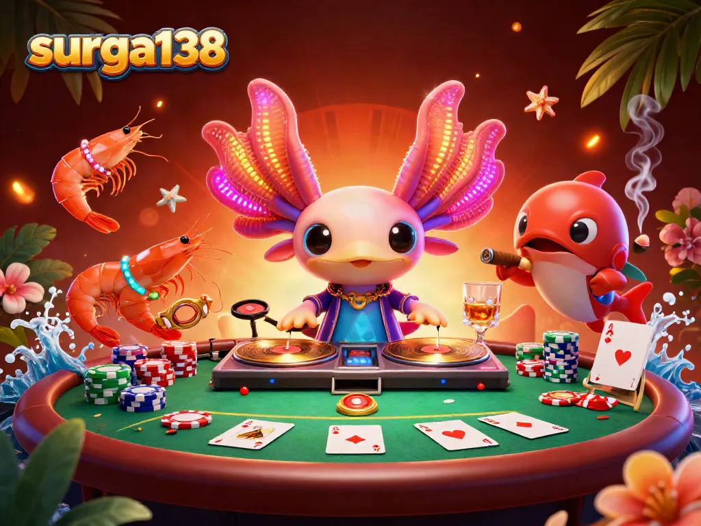 Pengalaman bermain surga138 dengan DJ axolotl neon dan permainan poker yang mendebarkan.