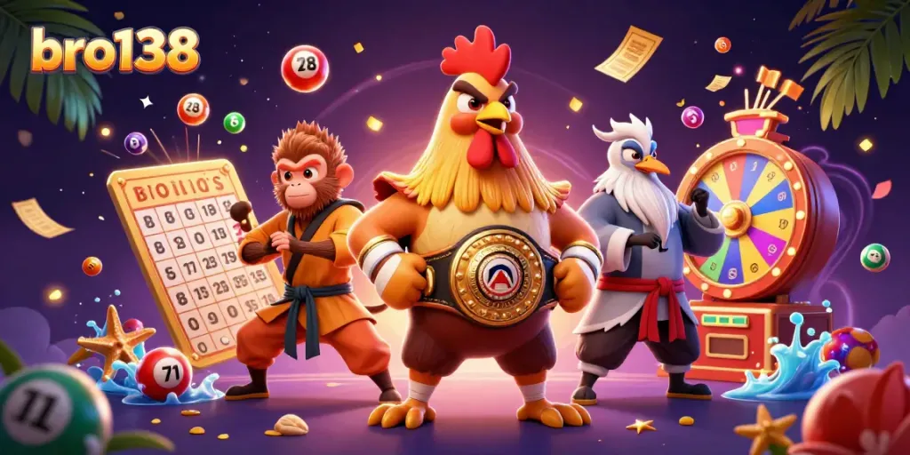 Experience thrilling gaming with bro138, featuring vibrant characters and dynamic lottery elements.