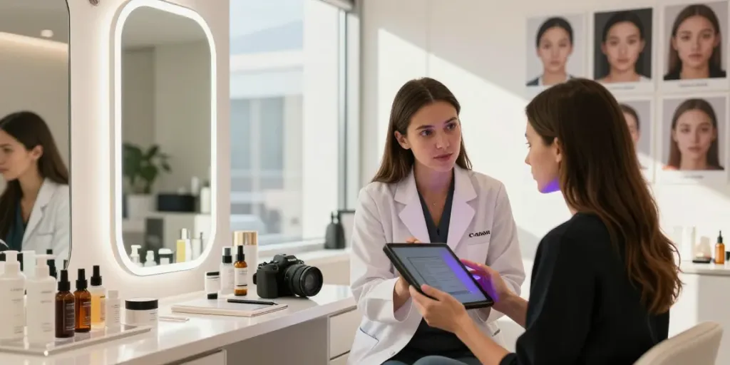 Evaluating Alternatives to QOVES in a beauty studio setting with a specialist.