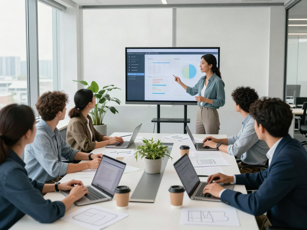 Team collaborating in a corporate office, showcasing an effective company website strategy.