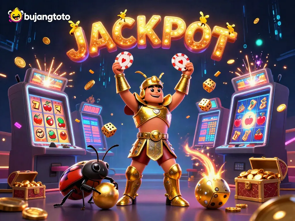 Engage in the exciting world of bujangtoto with a victorious hercules beetle and vibrant casino elements, showcasing dynamic gameplay.