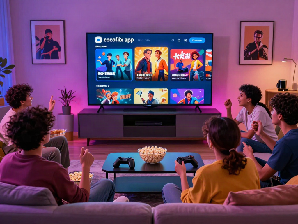 Friends enjoying a movie night with cocoflix apk on a large TV in a cozy living room setting.